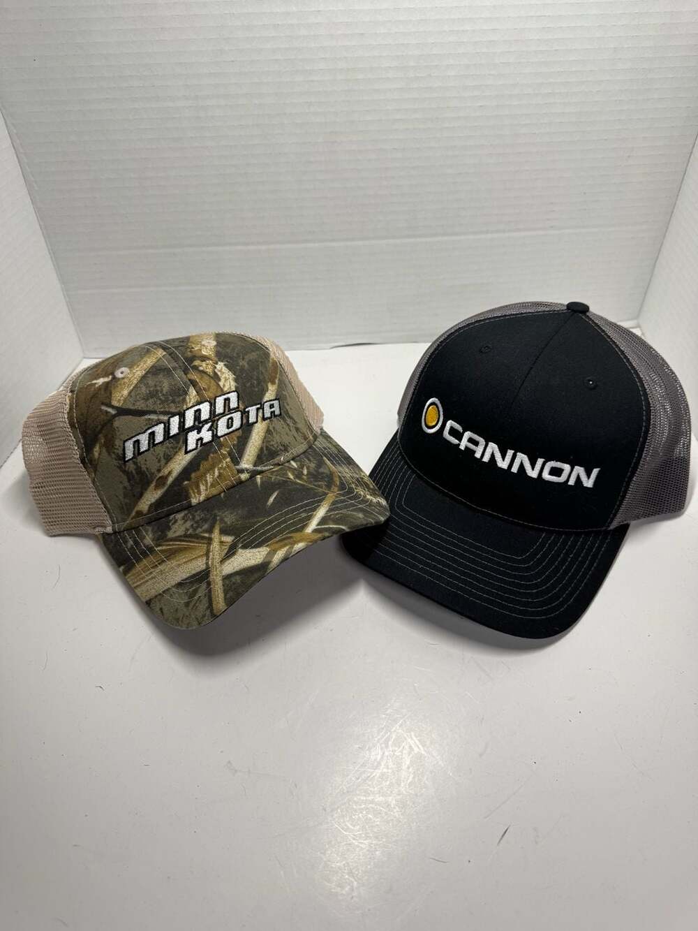 Lot of 2 Richardson Mesh Back Trucker Caps: Minn Kota Camo and Cannon Black